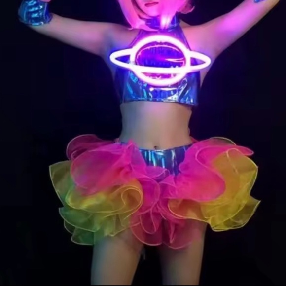 Holographic LED Light Up Planet Crop Pink, Blue Yellow Tulle Tutu Mini Dress Set - Picture 8 of 8